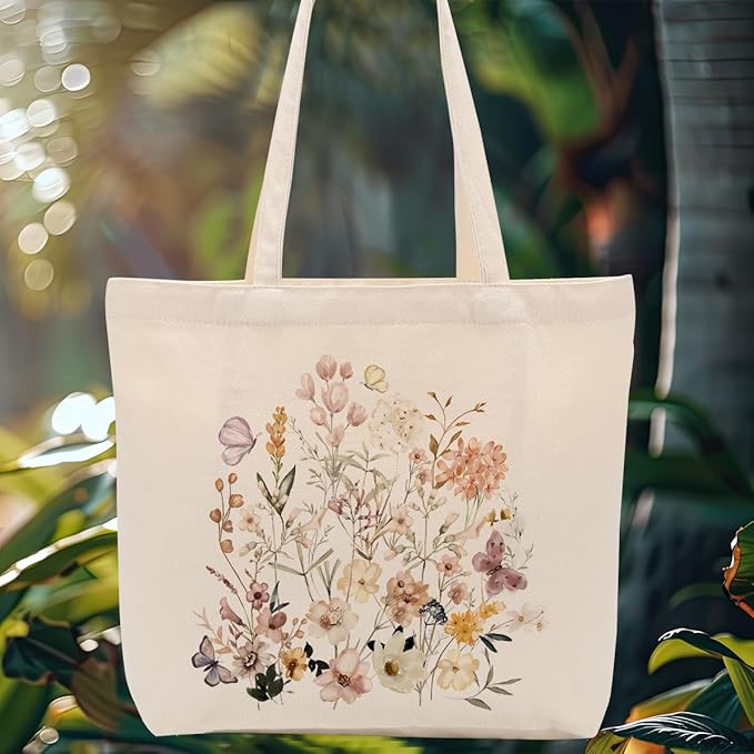 Aesthetic Floral Canvas Tote Bag for Women with Pocket, Tote Bags for Grocery Shopping Travel Christmas Birthday