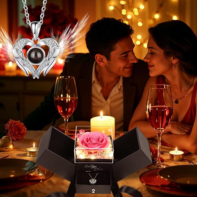 FIACO Gifts for Women Preserved Real Roses with I Love You Necklace Fresh Forever Flowers Birthday Gifts for Mom Grandma Wife Girlfriend on Anniversary Christmas Valentines Romantic Gift