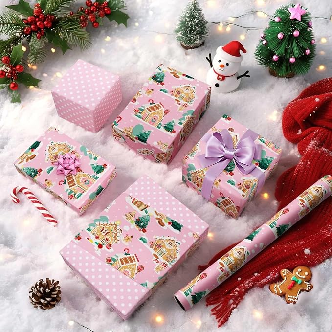 WERNNSAI Christmas Wrapping Paper - 1 Roll 17”x 33 ft Gingerbread House Wrapping Paper Roll Reversible Christmas Tree Gift Wraps for Kids Girls Xmas Winter Holiday Party Pink Polka Dot Design