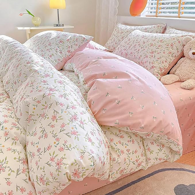 Vintage Style Pink Floral Duvet Cover Queen Cotton Garden Flower Comforter Cover Girls Cute Floral Bedding Set Chic Botanical Comforter Cover with 2 Pillowcases White Floral Duvet Cover with Zipper