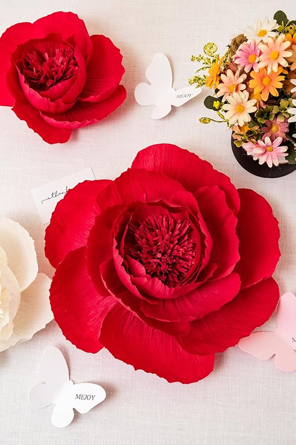 Crepe Paper Flowers Decoration for Wall, Artificial Flowers for Wedding Decor,Flower Backdrop Decor,Baby Shower,Birthday Party,Photo Backdrop,Archway Decor, Nursery Wall Decor (Red&Beige;Set/6)