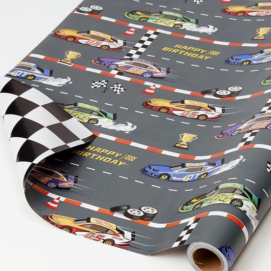 WERNNSAI Racing Car Wrapping Paper - 1 Roll 17” x 16.5 ft Car Birthday Wrapping Paper Kids Boys Gift Wrap Reversible Birthday Present Packing Decoration Sports Cars with Checkered Design