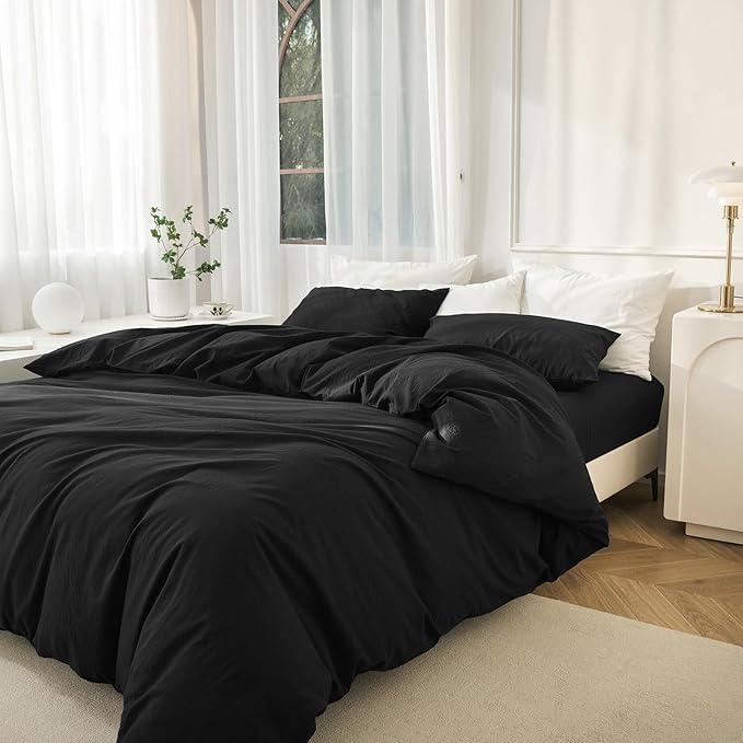 JIYUAN 100% Washed Cotton Duvet Cover Set 3 Pieces Cal King, 1 Duvet Cover 104x98 Inches(Comforter Not Included) and 2 Pillowcases,Linen Feel Bedding Set Comfy and Breathable,Black