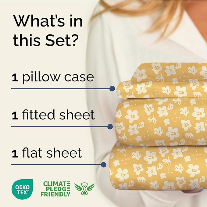 Floral Sheets - Yellow Floral Bed Sheet Set - 1 Flat, 1 Fitted & 1 Pillowcase w/ Deep Pockets - Comfy, Wrinkle & Fade Free - Boho Botanical Bedding - Soft, Breathable and Cooling - Twin XL Size Set