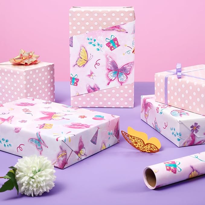 WERNNSAI Butterfly Wrapping Paper Roll - 1 Roll 17” x 33 ft Butterfly Fairy Wrapping Paper Pink Purple Flower Gift Packing for Kids Girls Birthday Baby Shower Bridal Shower Decor Reversible Polka Dot Design