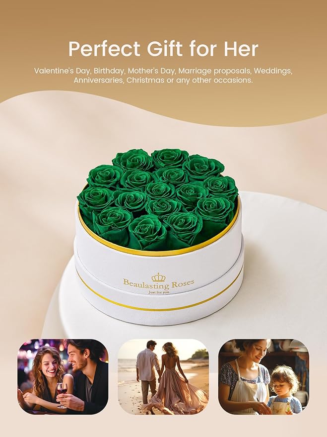 Preserved Roses Forever Flowers Real Roses in a Box Mother's Day Birthday Flowers for Her Mom Women Wife Valentine's Day, 16 Green Roses