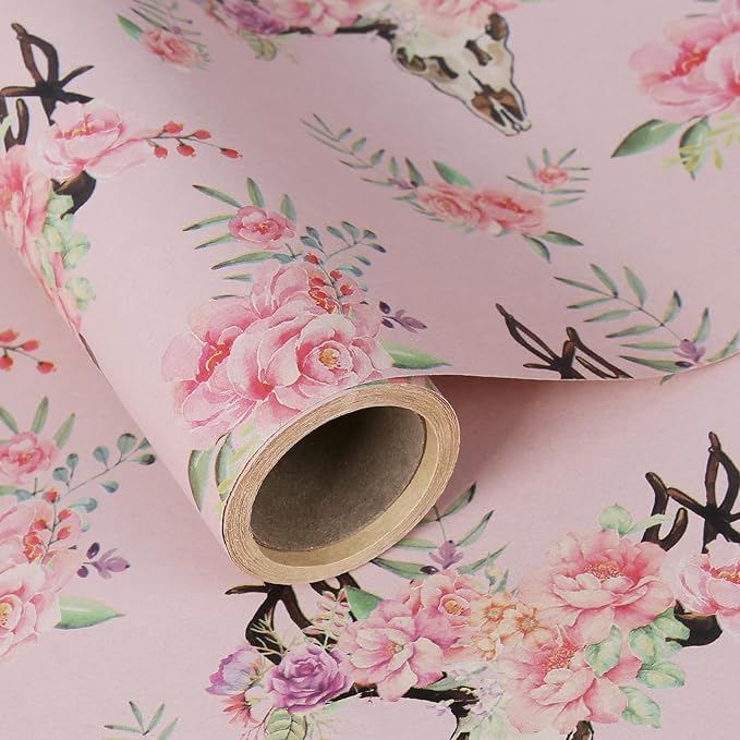 Aimyoo Pink Skull Floral Kraft Wrapping Paper Roll, All Occasion Flower Gift Wrap Paper for Birthday Wedding Bridal Shower 17 in x 10 ft