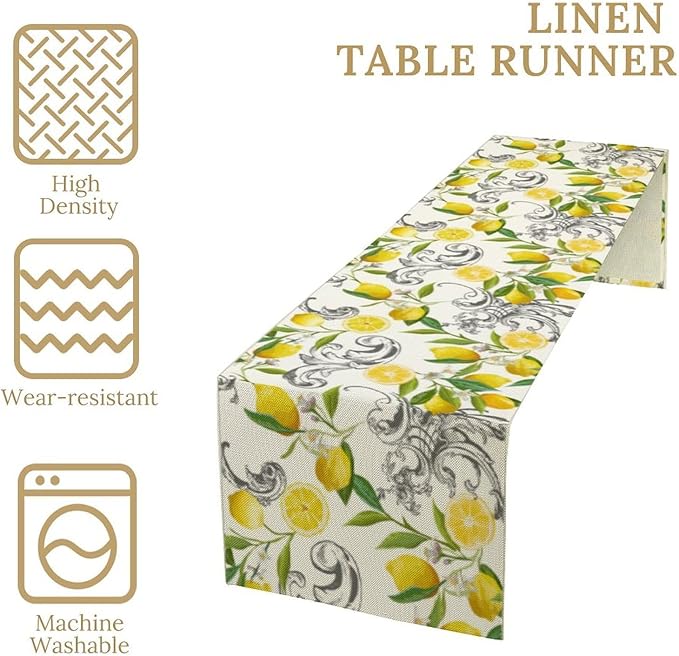 Lemon Table Runner , Summer Yellow Fruits Green Leaves Kitchen Dinning Table Decoration for Indoor Outdoor Home Party Decor 13"x120"