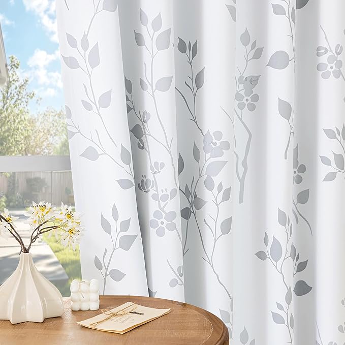 Beauoop Floral 100% Blackout Curtains 108 Inches Long 2 Panels for Bedroom Living Room Grey White Flower Patterned Room Darkening Thermal Insulated Soundproof Grommet Window Treatments Drapes, 52X108