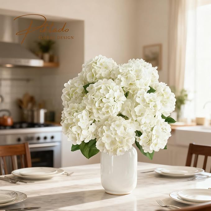 A Bunch 21in， White Real Touch Hydrangea Artificial Flowers， with 5pcs Flower Head 10pcs Leaves， Faux Hydrangea Flowers for Home Office Decor Wedding Party Arrangements (1, White)
