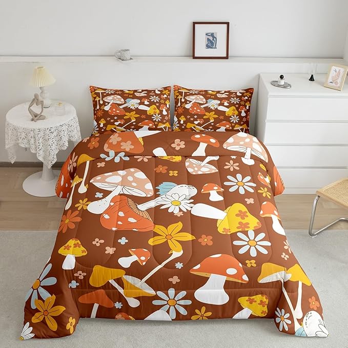 Castle Fairy 60s 70s Retro Hippie Twin Size Comforter Set,Groovy Flowers Mushroom Print Duvet Set for Kids Boys Bedroom,Boho Art Soft Microfiber Bedding Comforters,2 Pcs