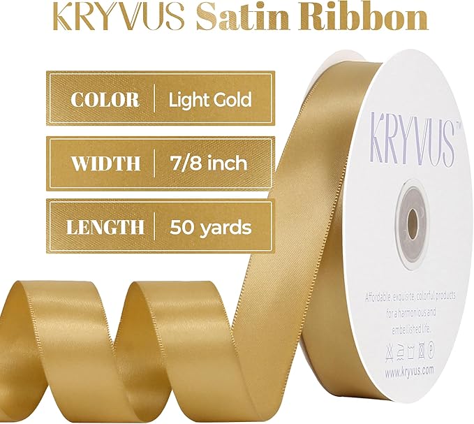Light Gold Satin Ribbon, Double Faced 7/8 Inch X 50 Yards Light Gold Ribbon, Premium Satin Ribbon for Gift Wrapping, Crafts, Hair Bow Making, Sewing, Flower Bouquet, Wedding Party Decor