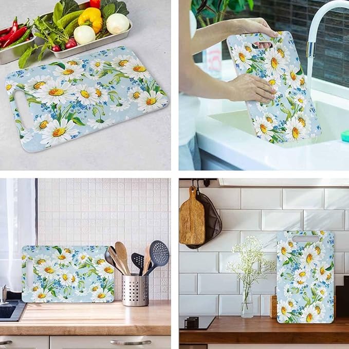 Bright Floral Cutting Board White Blue Flower Chrysanthemum Grip Handle Chopping Boards Cutting Board for Kitchen Plastic 16" x 10" x 0.24"