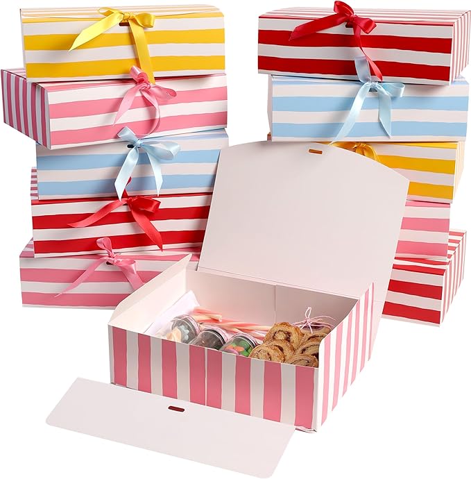 HummingBox Stripes Gift Box Set of 16 - Gift Boxes for Presents & gifting on weddings, birthdays & more - Easy to Assemble Striped Gift Boxes With Lids & Ribbon Closure - Decorative Boxes With Lids