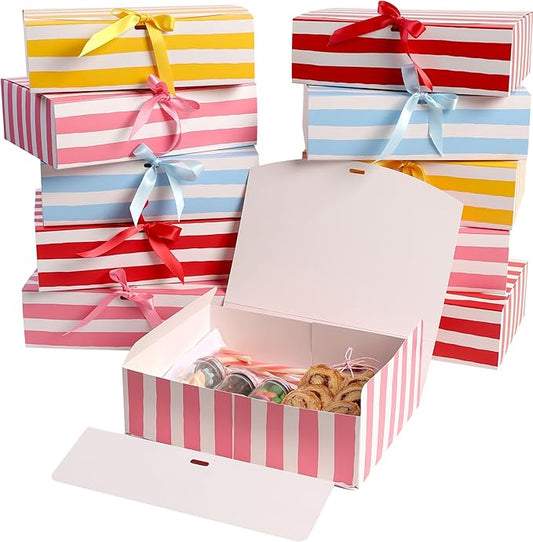 HummingBox Stripes Gift Box Set of 16 - Gift Boxes for Presents & gifting on weddings, birthdays & more - Easy to Assemble Striped Gift Boxes With Lids & Ribbon Closure - Decorative Boxes With Lids