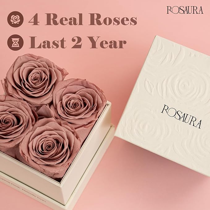 Rosaura 4-Piece Eternal Preserved Roses & Flowers Gift Box - Forever Lasting Real Roses, Preserved Flowers for Valentine's Day Cappuccino