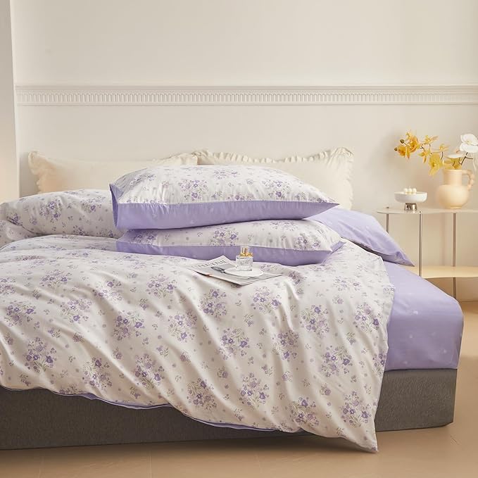 Purple Floral Comforter Set Full Size White Garden Style Floral Printed Bedding Comforter Vintage Flowers Botanical Comforter with 2 Pillowcases Cottagecore Full Bed Comforter Set for All Season