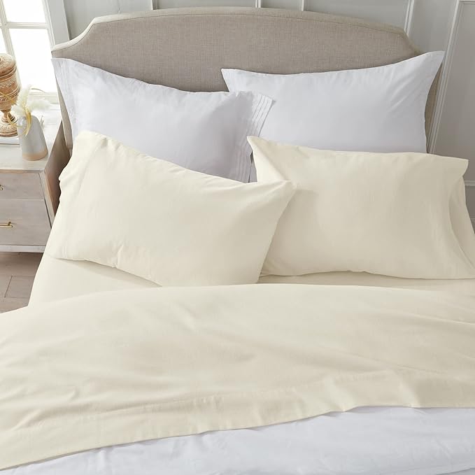 Market & Place 100% Turkish Cotton Flannel Sheet Set | 3 Piece Deep Pocket Solid Cozy Winter Bed Sheets | Double Brushed for Extra Softness & Comfort | Chalet Collection (Twin, Ivory)