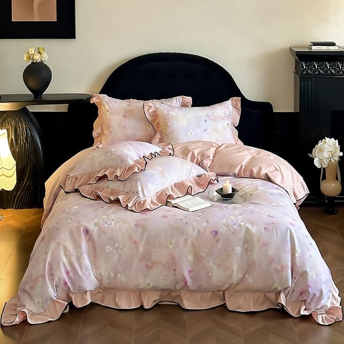 HighBuy Pink Ruffle Duvet Cover Set King Chic Brushed Cotton Floral Bedding Set,Vintage Ruffled Super Soft Comforter Cover,Comfortable Chic Lightweight - 1 Duvet Cover with 2 Pillowcase