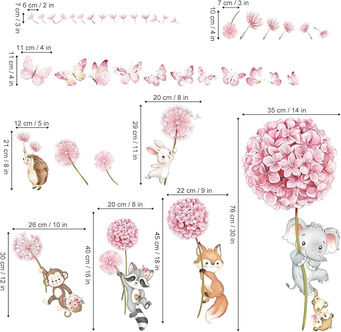decalmile Animal Flower Pink Dandelion Wall Stickers Forest Animals Elephant Fox Monkey Wall Decals Baby Nursery Girls Bedroom Kids Room Wall Decor