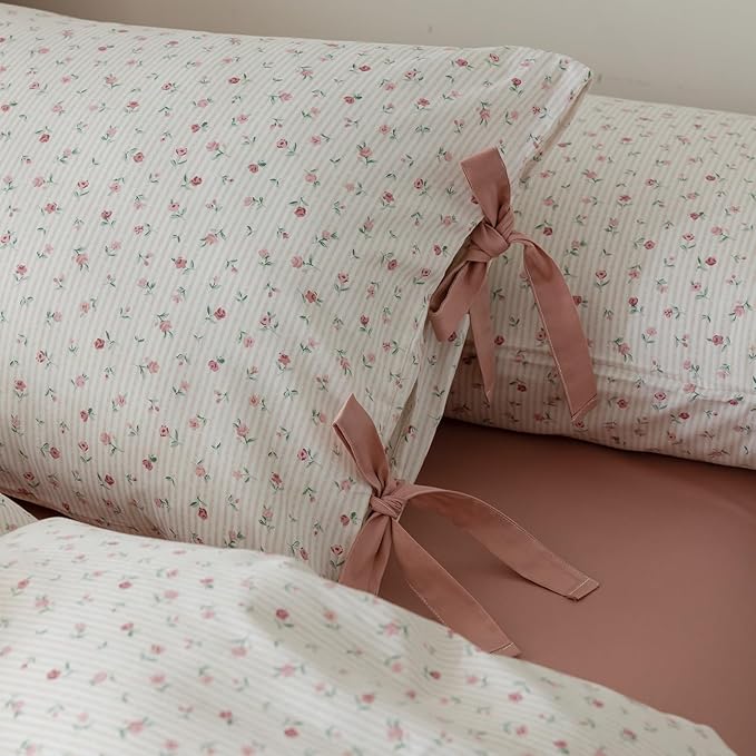 HighBuy Botanical Floral Comforter Set Full Size Cozy Comforter Set for Full Bed with 2 Bowknot Bow Tie Pillowcases Pink Flower Garden Coquette Bedding Comforter Sets for Women Girl Bed Set
