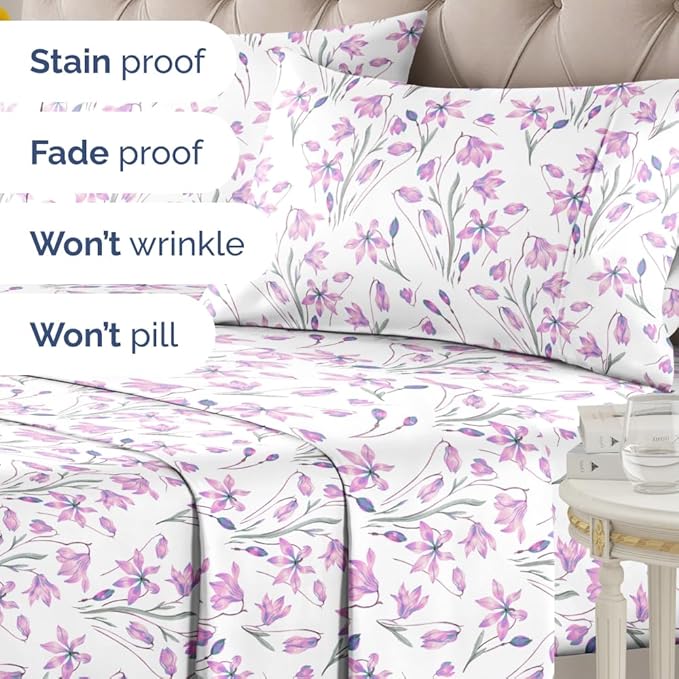 Floral Sheets - Pink Floral Bed Sheet Set - 1 Flat & 1 Fitted & 2 Pillowcases w/ Deep Pockets - Comfy, Wrinkle & Fade Free - Boho Botanical Bedding - Ultra-Soft, Breathable & Cooling - Queen Size Set