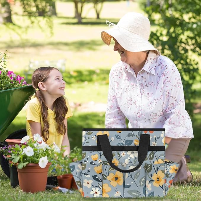 Garden Tool Bag Organizer Garden Tote Bag with Pockets Print Pattern Floral Tool Storage Organizer Gardening Tool Kit Holder 13" x 6.8" x 2.8"