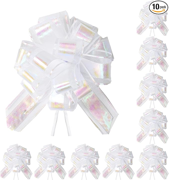 10-Pack Pearl White Pull Bows for Gift Wrapping - 6 Inch Reusable Ribbon Bows, Large Instant Floral Decor Bows for Wedding, Christmas, Birthday Decor, Gift Basket & Party Decorations
