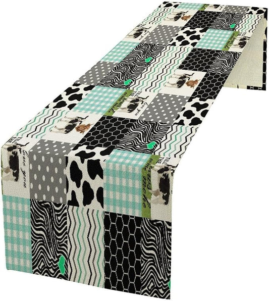 Cute Cow Print Table Runner,Farm Animals Honeycomb Plaid Stripes Cowhide Pattern Tablecloth Burlap for Hotel Indoors Outdoor Dining Room Kitchen Table Decor, 13x60in