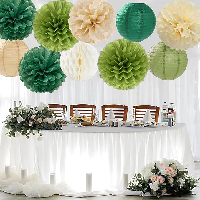 Sage Green Paper Flowers Tissue Pom Poms Honeycomb Lanterns 15pcs Party Decorations Boho Birthday Wedding Baby Bridal Shower Neutral Bachelorette Graduation Safari Hanging Supplies Mprocherify