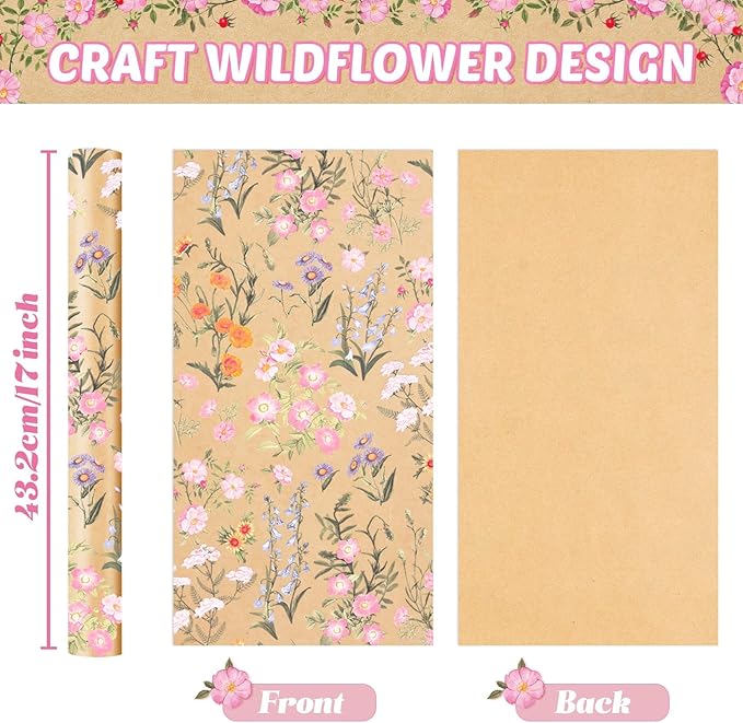 WERNNSAI Kraft Floral Wrapping Paper Roll - 1 Roll 17”x 9.84 ft Wild Flower Gift Wrap Paper Spring Summer Flower Gift Packing for Girls Women Birthdays Weddings Bridal Shower Party Decor