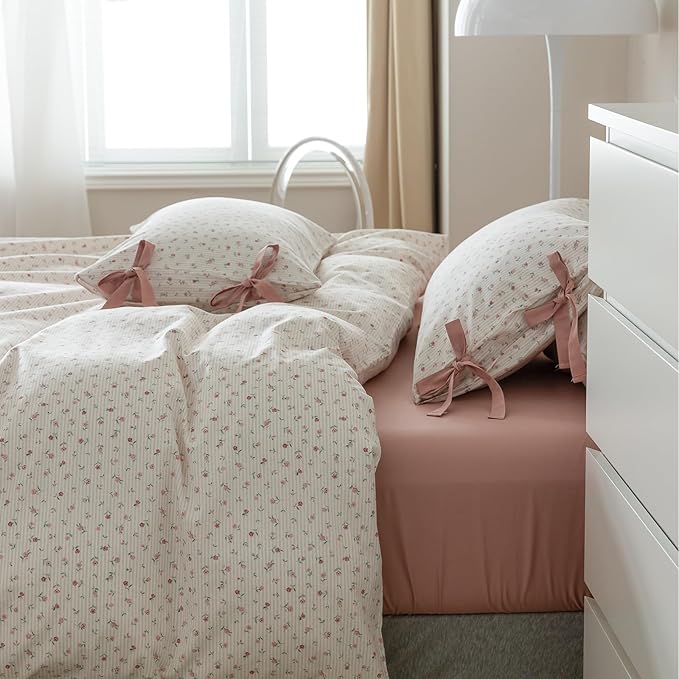 VM VOUGEMARKET Full Duvet Cover Set,3 Pieces Pink Flower Stripes Prints Duvet Cover with 2 Bowknot Pillowcases Vintage Floral Bedding Set Full Size 80"x90",Off-White/Cream
