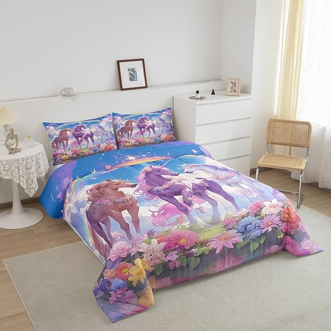 Castle Fairy Dreamy Unicorn Comforter Set Queen Size,Rainbow Blue Sky Colorful Flowers Reversible Bedding Set for Women Adult,Cartoon Animal Floral Galaxy Luxury Bed Duvet Insert, 2 Pillowcases