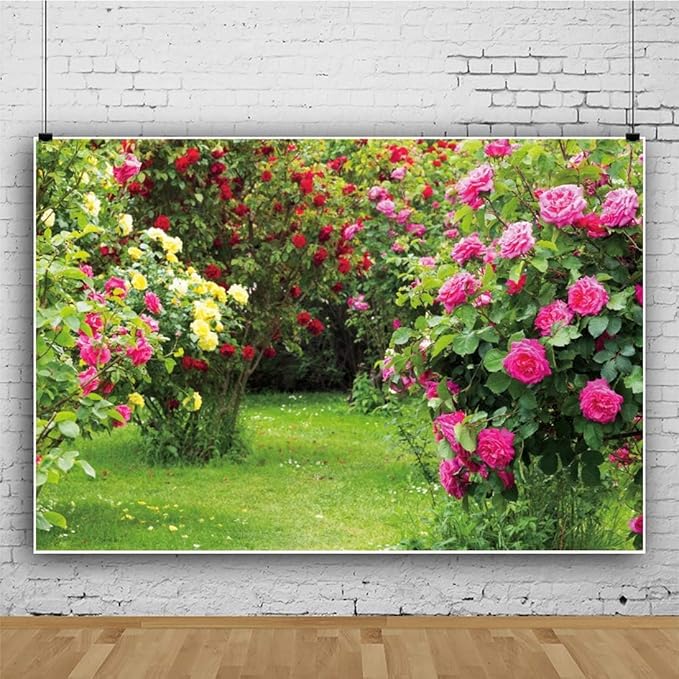 Renaiss 10x8ft Spring Garden Backdrop Red Pink Rose Flower Park Floral Green Leaf Grass Natural Landscape Photography Background for Wedding Bridal Shower Party Decor Photo Booth Props