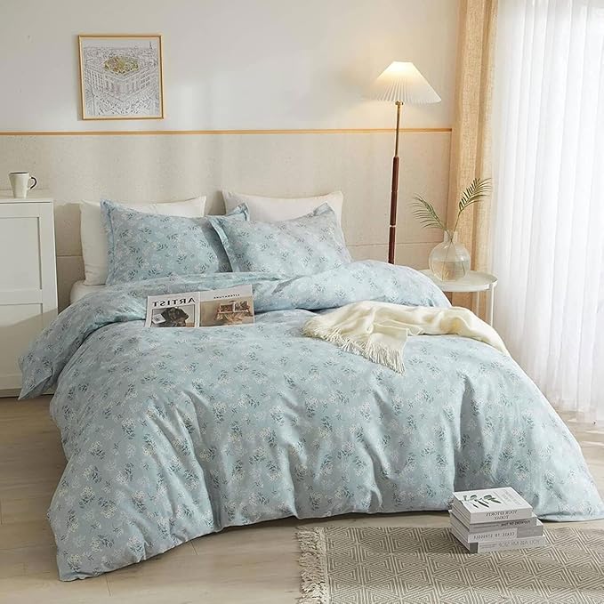 LifeTB Blue Floral Comforter Set King Size Vintage Flower Botanical Comforter with 2 Pillowcases Fluffy Soft Aesthetic Floral Cottagecore Bedding Set Chic Flower Leaves Pattern King Comforter Set