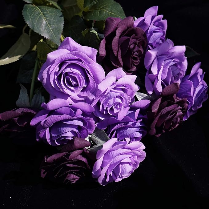 FiveSeasonStuff 12 Stems Artificial Flowers Real Touch Silk Roses for Wedding Decoration Bridal Bouquets Table Centerpieces Party Shower, Packed in Box (Purple Grandeur)