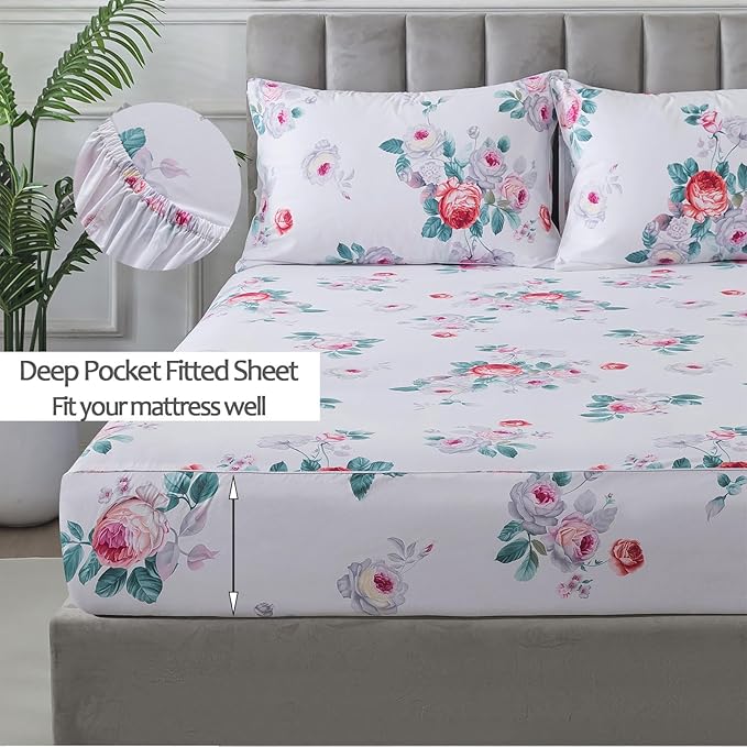 FADFAY Red Vintage Peony Floral King Size Sheets Set 100% Brushed Cotton Shabby Purple Rose Pattern Bedding Set Deep Pocket Sheets with 2 Pillowcases Luxury Breathable Soft 4pcs, King Size