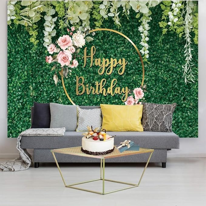 12x8ft Happy Birthday Backdrop Green Grass Flowers Wall Greenery Green Leaves Nature Botanical Photography Background Birthday Party Anniversary Portrait Studio Photo Props Polyester