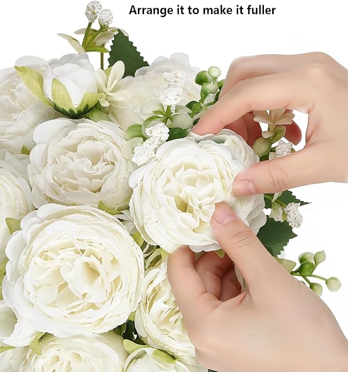 12 Bundles Peonies Artificial White Flowers Bouquet, Lifelike Silk Fake Peonies with Stems for Home Table Centerpieces, Wedding, Party & DIY Bridal Floral Arrangements (White)