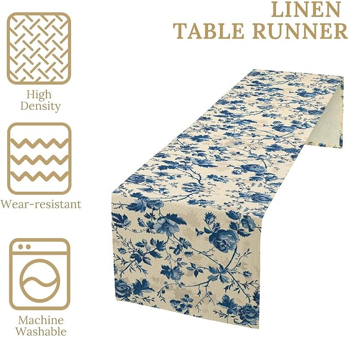Vintage Floral Table Runner, Retro Blue Flowers Farmhouse Design Table Runner for Kitchen Dining Holiday Party Decor, 13x60 Inch