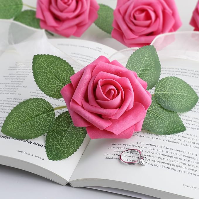 AmyHomie 25pcs Real Looking Artificial Hot Pink Roses w/Stem for DIY Wedding Bouquets Centerpieces Arrangements Party Baby Shower Valentines Day Christmas Tree Decorations