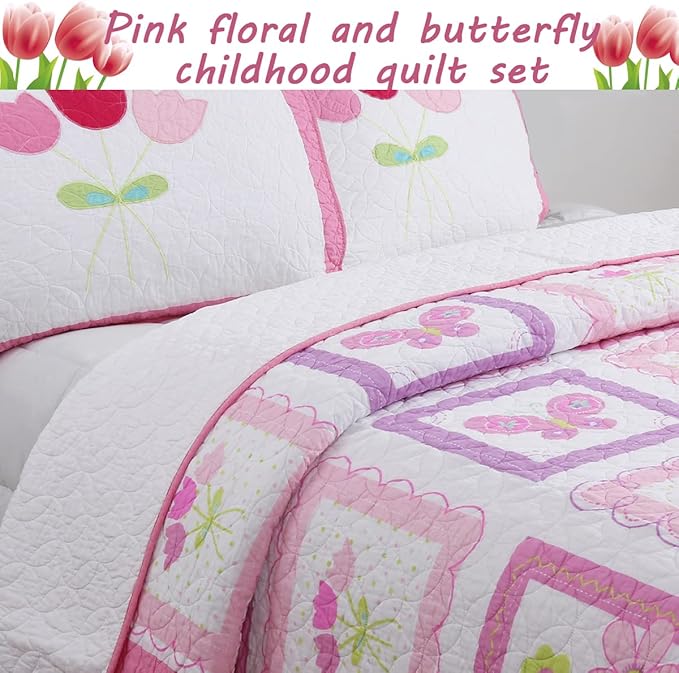 Cozy Line Home Fashions 100% Cotton Pink Floral Print Girl Reversible Quilt Bedding Set, All Season Lightweight Coverlet, Bedspread (Butterfly Tulip, Twin-2 Piece)