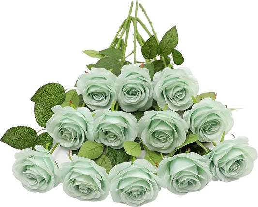 Artificial Rose Flower Artificial Flowers Flower with Long Stem Silk Roses Bouquet for Wedding Bridal Shower Party Home Decoration (Sage Green, 12 Pcs)