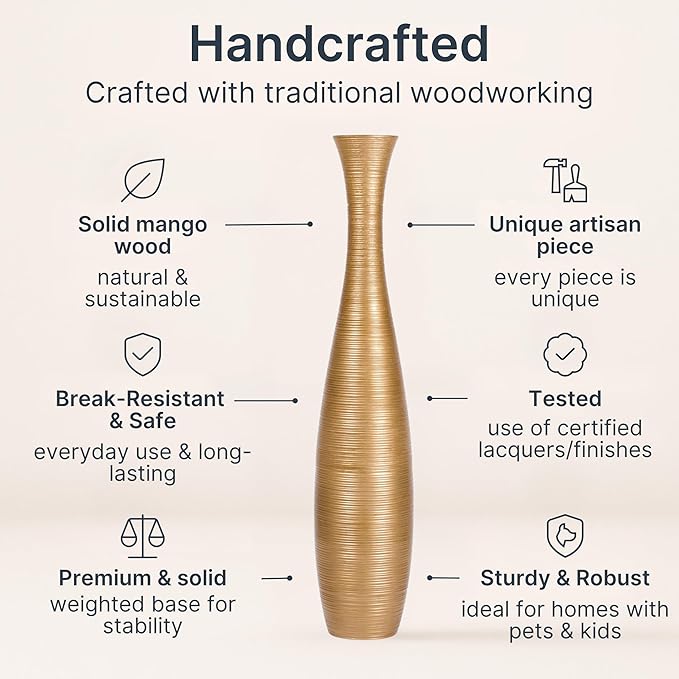Leewadee Large Gold Home Decor Floor Vase - Wooden 34 inch Tall Farmhouse Decor Flower Holder for Fake Plant and Pampas Grass