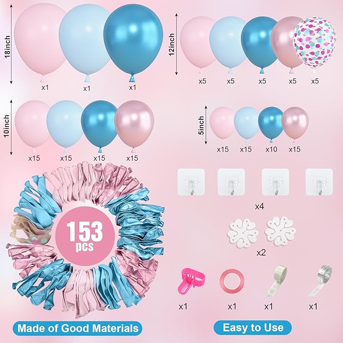 Amandir 153pcs Pink Blue Balloon Garland Arch Kit, Different Sizes 18 12 10 5 inch Metallic Pink Blue Latex Confetti Balloons for Boy Girl Gender Reveal Neutral Baby Shower Birthday Party Decoration
