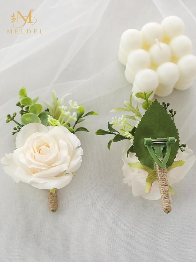 Meldel Wrist Corsage and Boutonniere Set for Wedding, Set of 2, Rose Wrist Flower Wristlet Bracelet for Bride Bridesmaid, Groom Best Man Boutonniere Wedding Flowers Accessories Prom Ceremony Party
