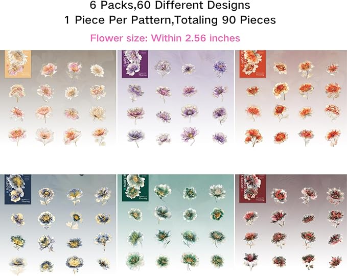 90pcs Watercolor Floral Scrapbook Stickers Set, Transparent PET Vintage Flower Stickers Decals with Smudge Effect for Journaling, Planners, Card Making, DIY Crafts and Scrapbooking