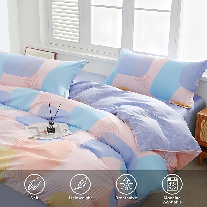 SAPHREAS Colorful Geometric Blocks Duvet Cover Set Full Size 3pcs 100% Cotton Orange Blue Bubble Bedding Comforter Cover Set 1 Duvet Cover 2 Pillow Shams