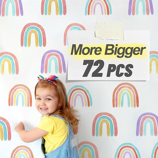 Watercolor Rainbow Wall Decals for Girls Bedroom 72 Pcs, Rainbow Stickers Bigger Size for Wall Mural Vinyl Peel and Stick DIY Decorations (12 Sheets)