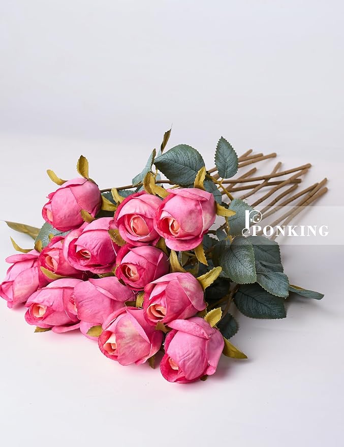 Rose Artificial Flower Buds 12pcs Realistic Faux Silk Roses Fake Flowers Bouquets Arrangements Decor for Wedding Spring Mother's Day, Home Table Decorations, Light Magenta Flower